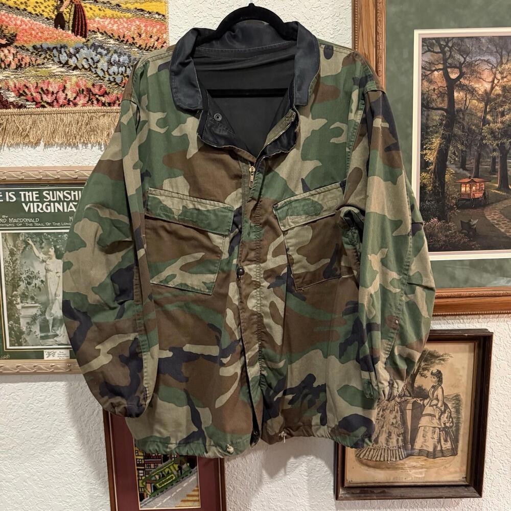 Vintage 80s Army Military Chemical Protection Woodland Camo Jacket Size Medium